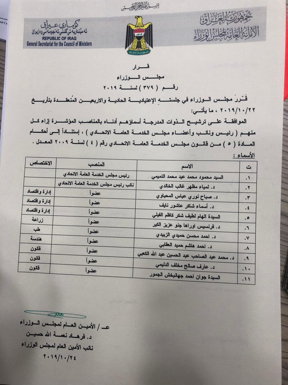 بالوثيقة : رئيس مجلس الخدمة ونائبه وأعضائه الذي صوت البرلمان عليهم