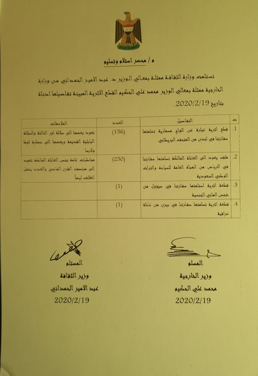 بالوثيقة.. الثقافة تتسلم “408” قطعة أثرية مستردة من دول العالم