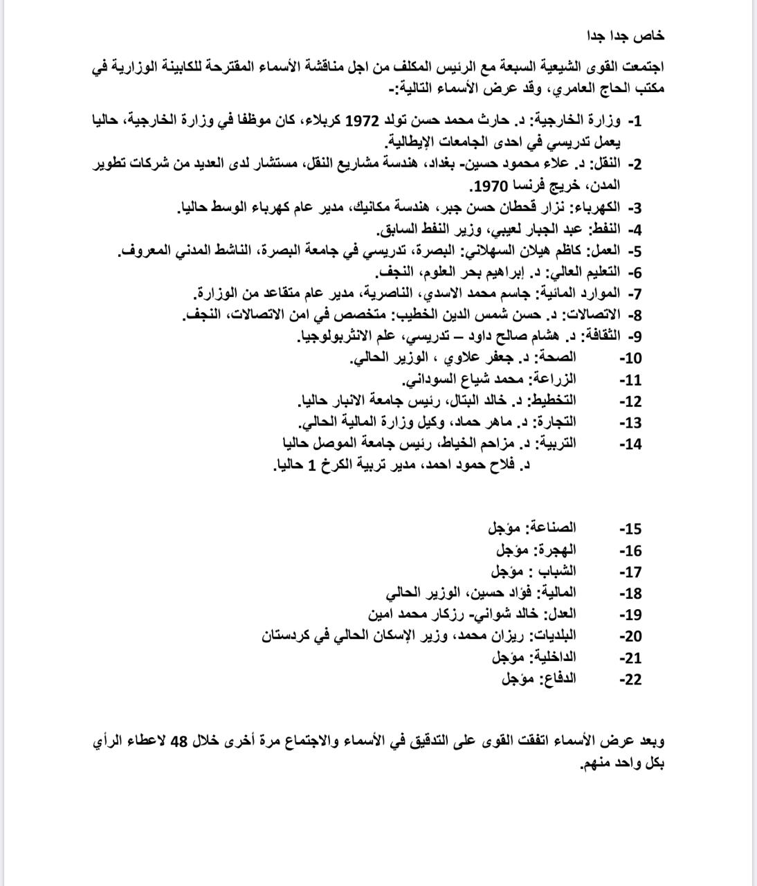 مصادر تكشف الاسماء غير النهائية لحكومة مصطفى الكاظمي