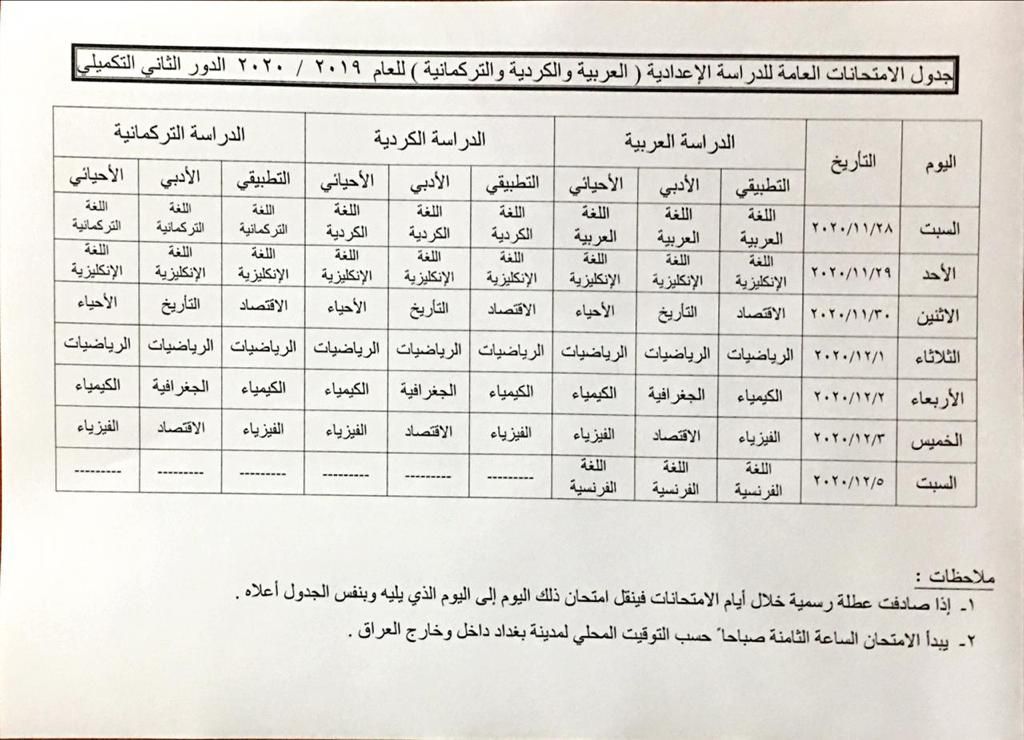 التربية تنشر جدول امتحانات الدور الثاني لطلبة السادس الاعدادي