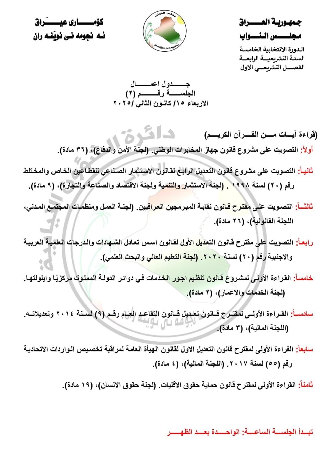 يتضمن قانون تعديل التقاعد.. البرلمان ينشر جدول أعماله ليوم غدا الاربعاء